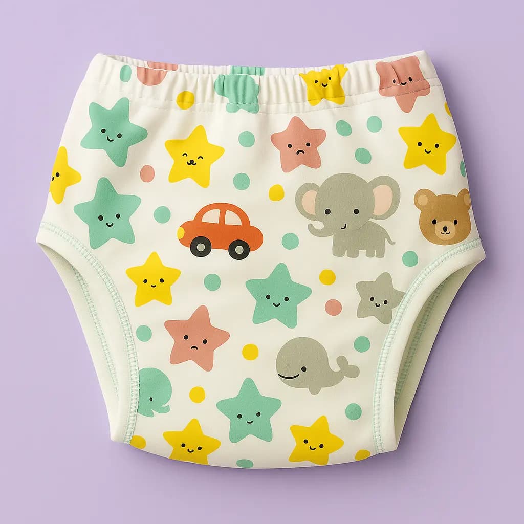 Training Pants - • Type - training pants.
• Age -3 month to 3 years
• Material - cotton
• Size - M/L/XL
• Gentle and comfortable elastic.
• Diaper free and mesh free experience.
• Highly absorbent quick dry.
• 3 layer of soft padding.
• Prints are made up of organic dyes
• Breathable fabric used to make training pant semi water proof.